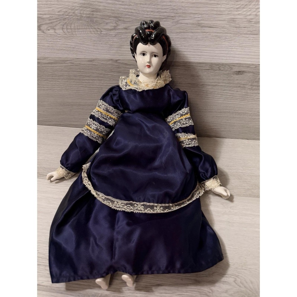 Vintage Handmade Ceramic China-Style Lady Doll 20 Inch Navy Satin Lace Dress